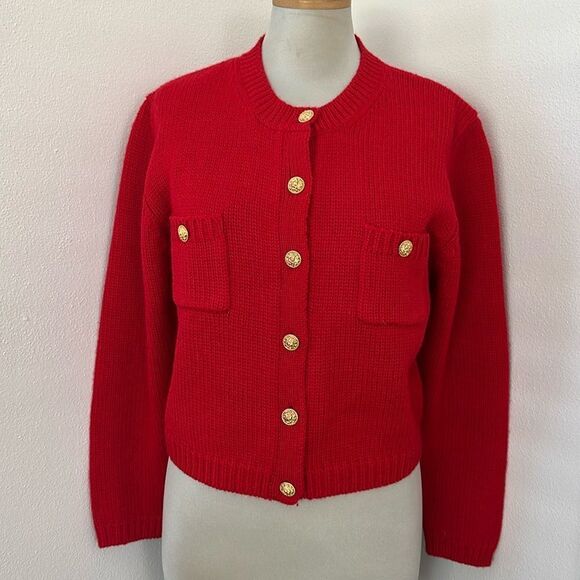 JH Collectibles 100% pure wool red cardigan sweater gold button m medium - Picture 1 of 8